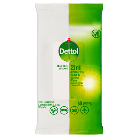 Dettol 2in1 Hands & Surfaces Antibacterial 60 Wipes