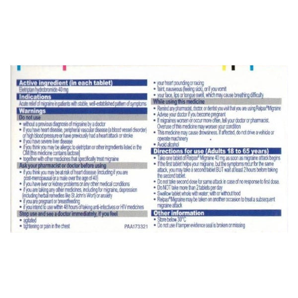 Buy Relpax Migraine 40mg 2 tablets (S3) Online at Cutpricepharmacy