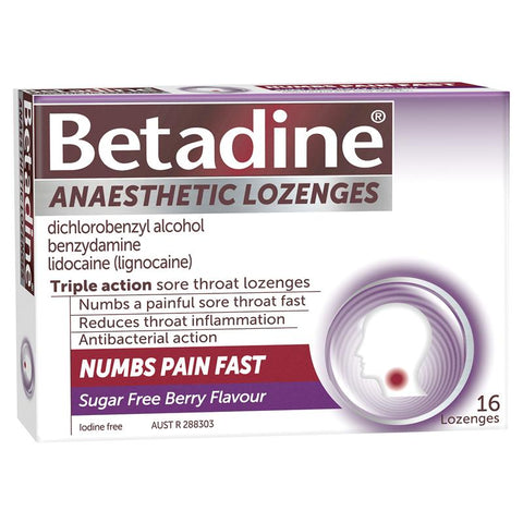Betadine Anaesthetic Lozenges Berry Flavour 16 Pack - Sore Throat Lozenges