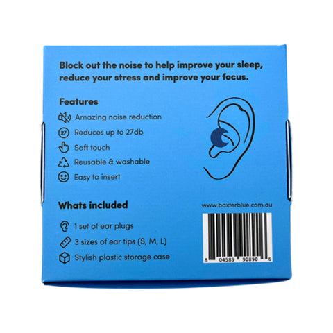 Baxter Blue Reusable Silicone Noise Reduction Ear Plugs (with 3 Mixed Size Interchangeable Heads) Navy