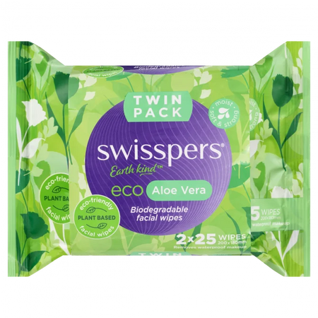 Swisspers Eco Aloe Vera Biodegradable Facial Wipes Twin Pack 2 X 25 Wipes