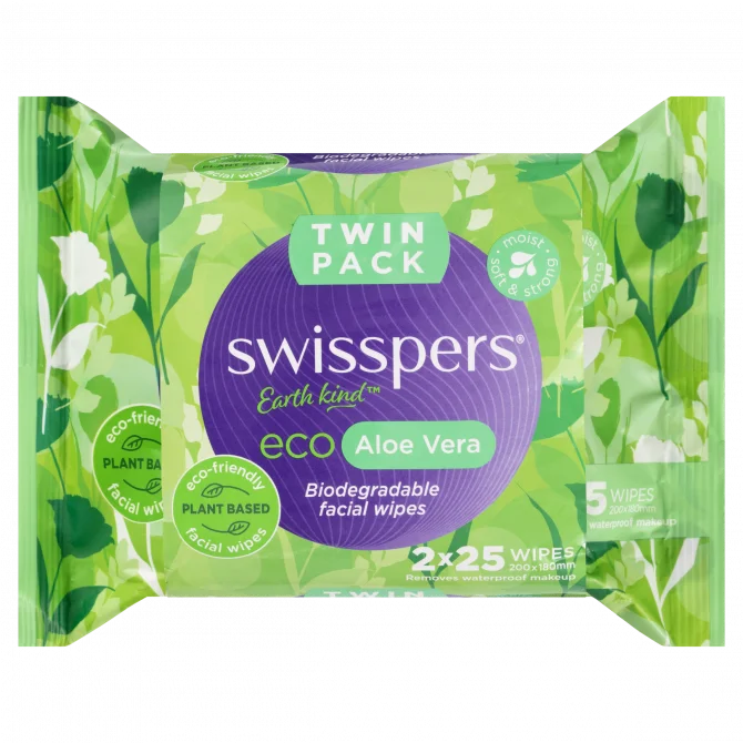 Swisspers Eco Aloe Vera Biodegradable Facial Wipes Twin Pack 2 X 25 Wipes