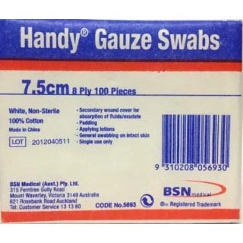 Handy Gauze Non-Sterile Swabs 7.5X7.5cm - 100 Pack