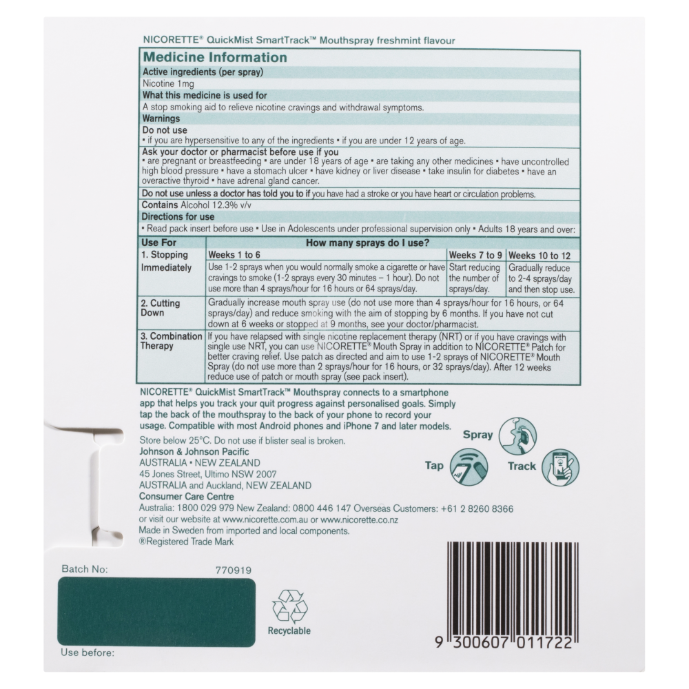 Nicorette QuickMist SmartTrack Nicotine Mouth Spray Freshmint 150 Sprays