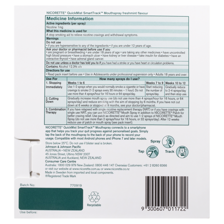 Nicorette QuickMist SmartTrack Nicotine Mouth Spray Freshmint 150 Sprays