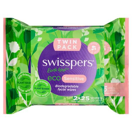 Swisspers Eco Sensitive Biodegradable Facial Wipes Twin 2x25 pack