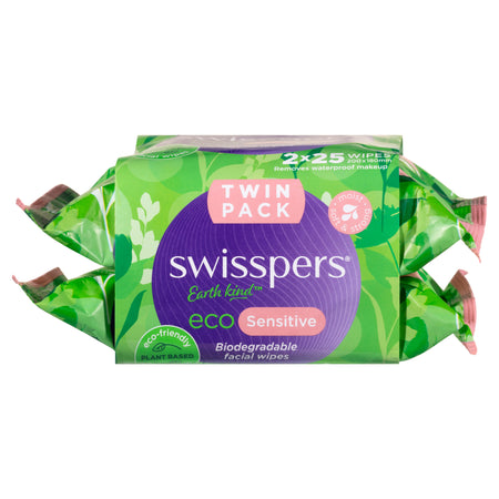 Swisspers Eco Sensitive Biodegradable Facial Wipes Twin 2x25 pack