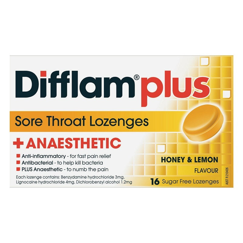 Difflam PLUS Sore Throat Lozenges Honey Lemon Sugar Free 16 Lozenges