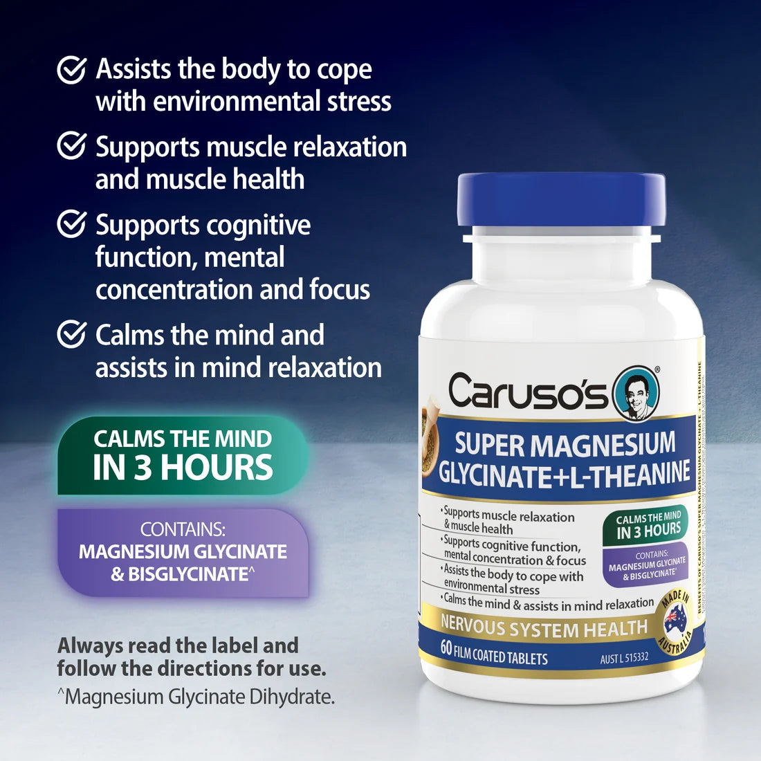 Caruso's Super Magnesium Glycinate + L-Theanine 60 Tablets