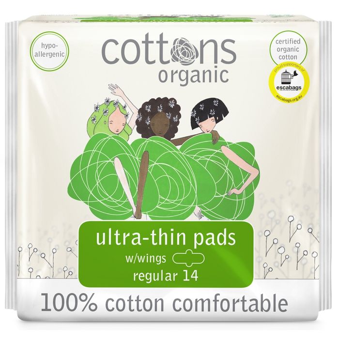 Cottons Organic Ultra Thin Pads Regular With Wings 14 Pack
