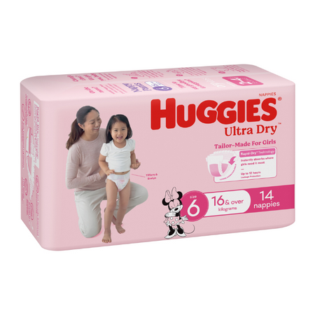 Huggies Ultra Dry Nappies Girl Size 6 16kg+ 14 Pack