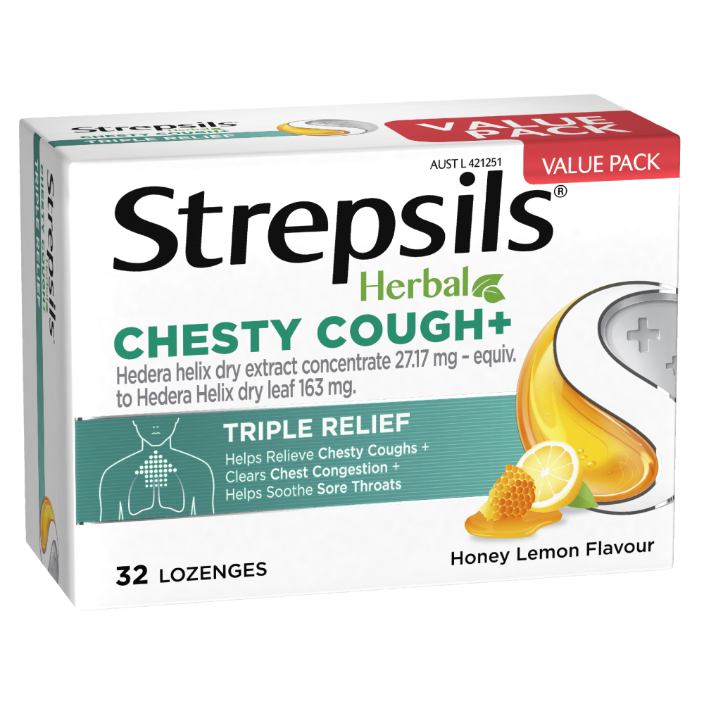 Strepsils Herbal Chesty Cough Honey Lemon Flavour 32 Lozenges