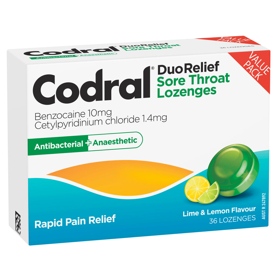 Codral Sore Throat Lozenges Antibacterial + Anaesthetic Lime & Lemon 36 Pack