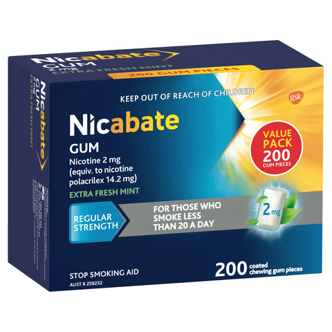 Nicabate Gum Nicotine 2mg Regular Strength Extra Fresh Mint 200 Pack