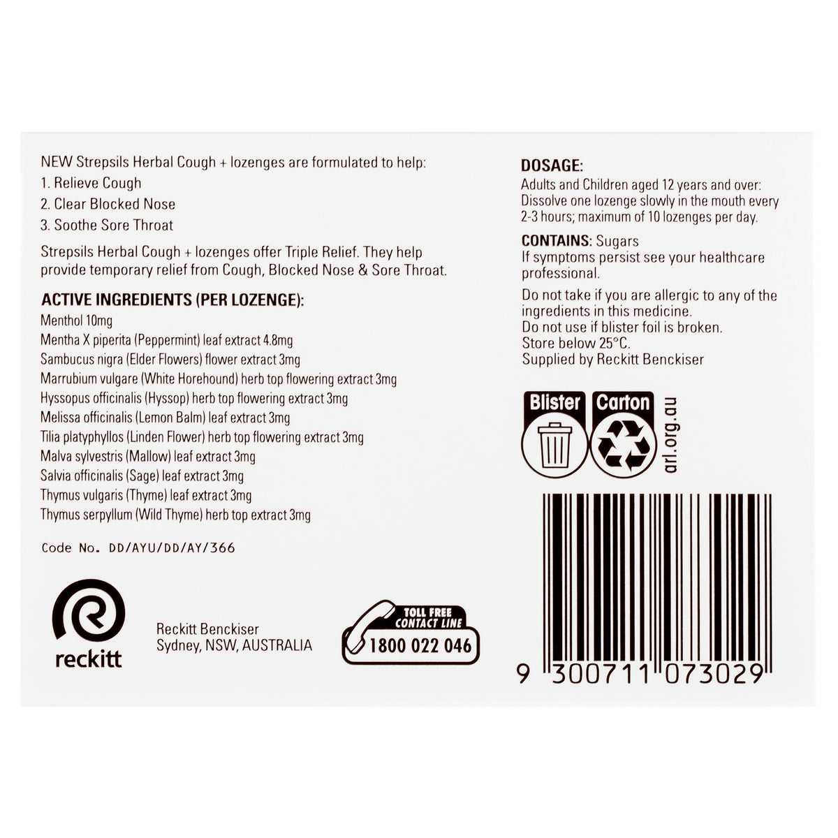 Strepsils Herbal Cough + Lozenges Fresh Menthol 16PK