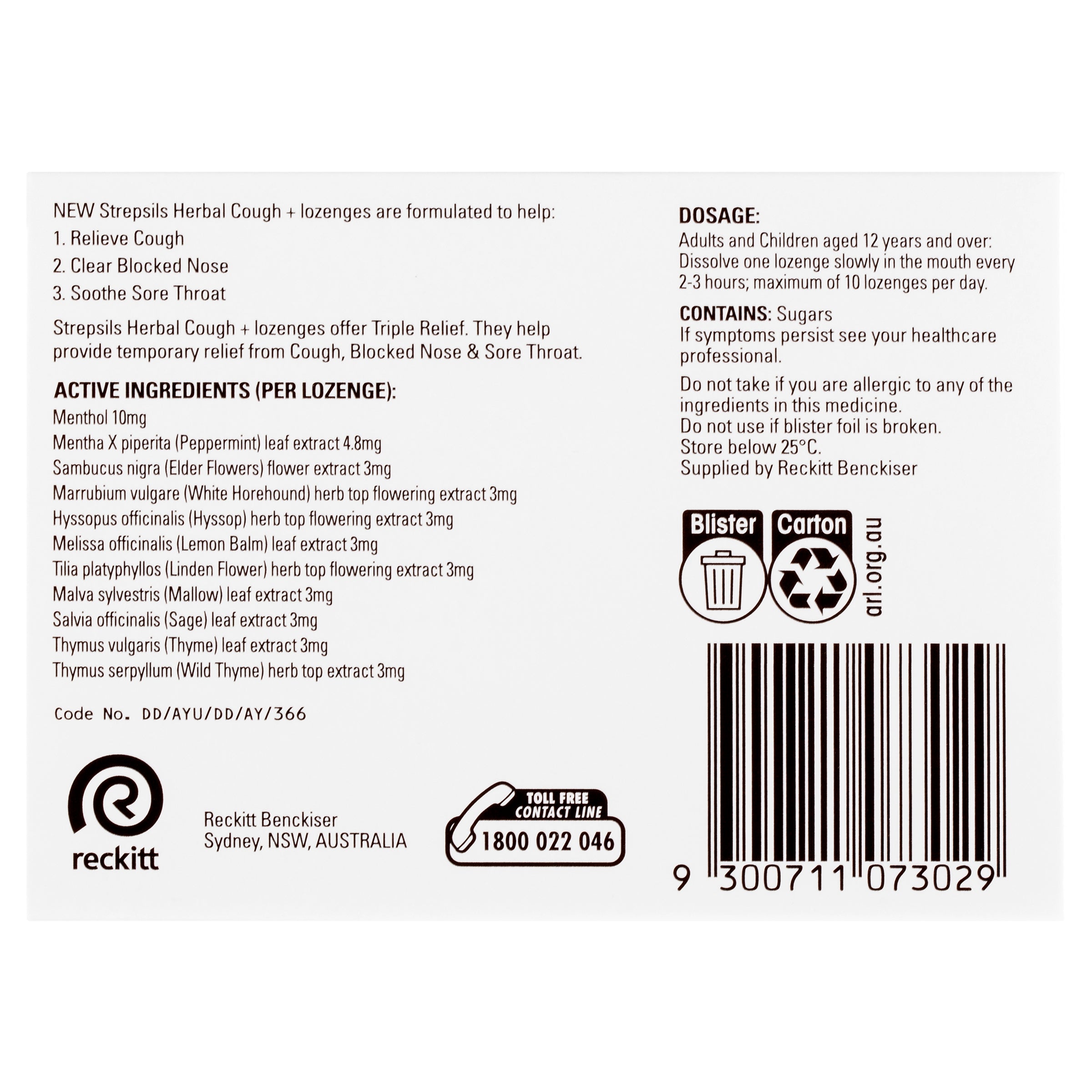 Strepsils Herbal Cough + Lozenges Fresh Menthol 16PK