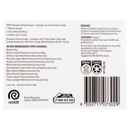 Strepsils Herbal Cough + Lozenges Fresh Menthol 16PK