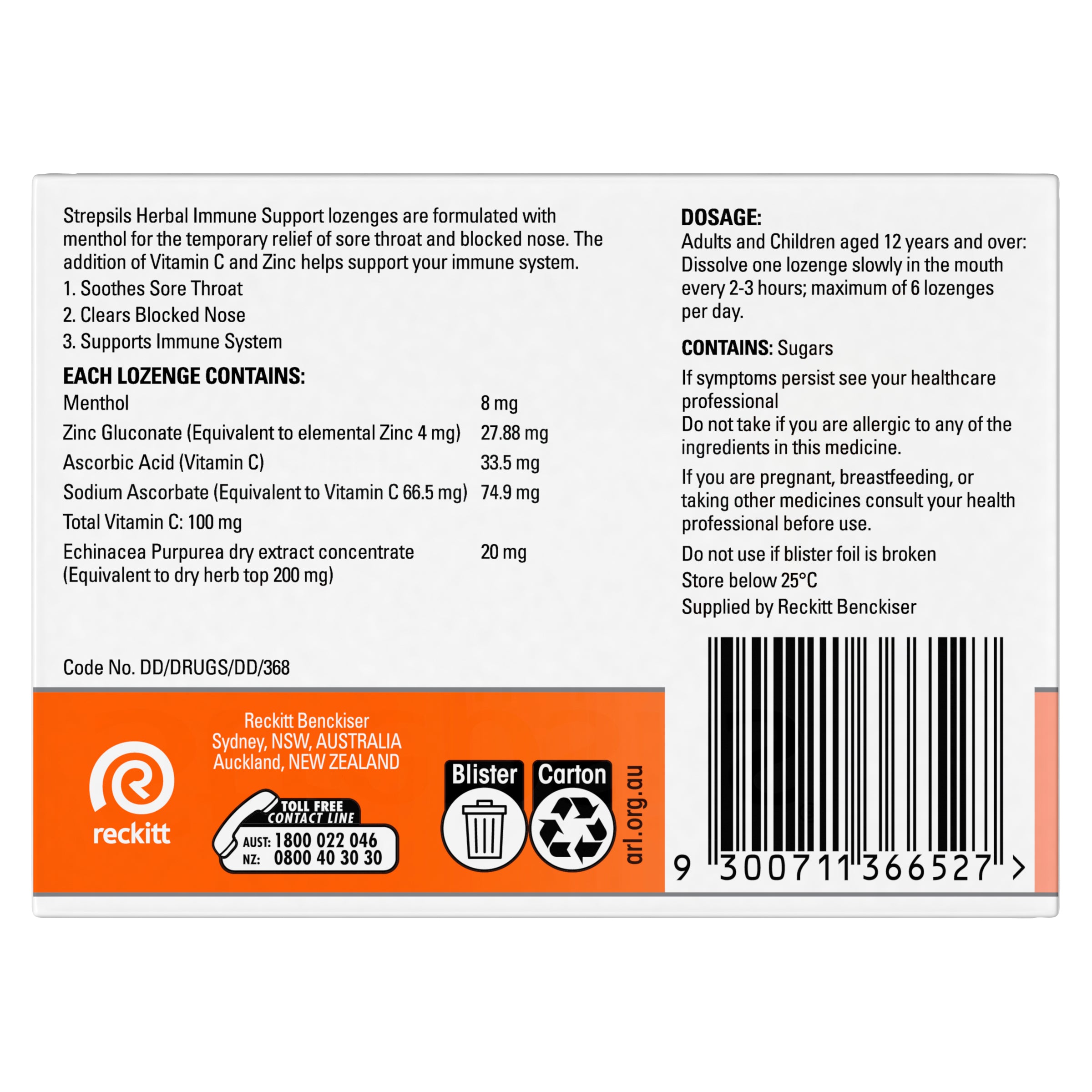 Strepsils Herbal Immune Support Lozenges Honey Lemon 16PK