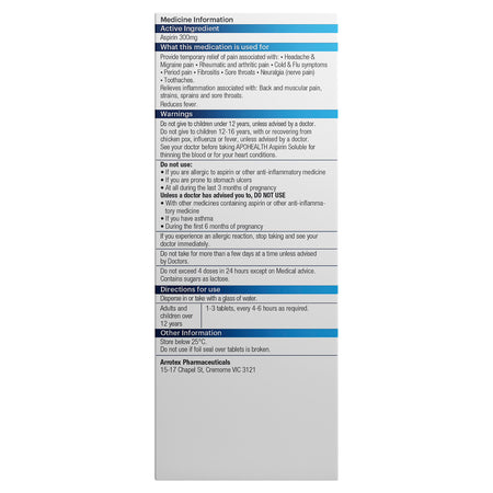 Apo Health Aspirin Soluble 300mg 60's