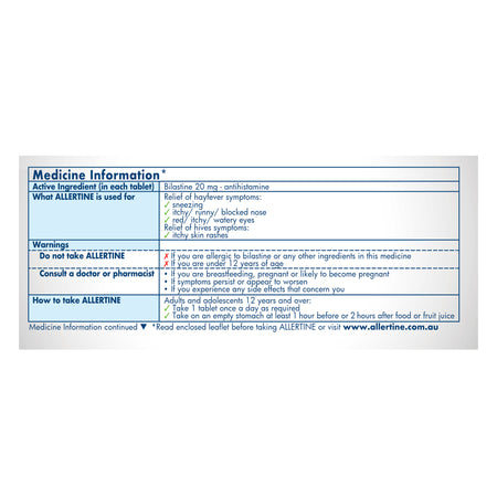Allertine 20mg 24 Hour Hay Fever & Allergy Relief 30 Tablets