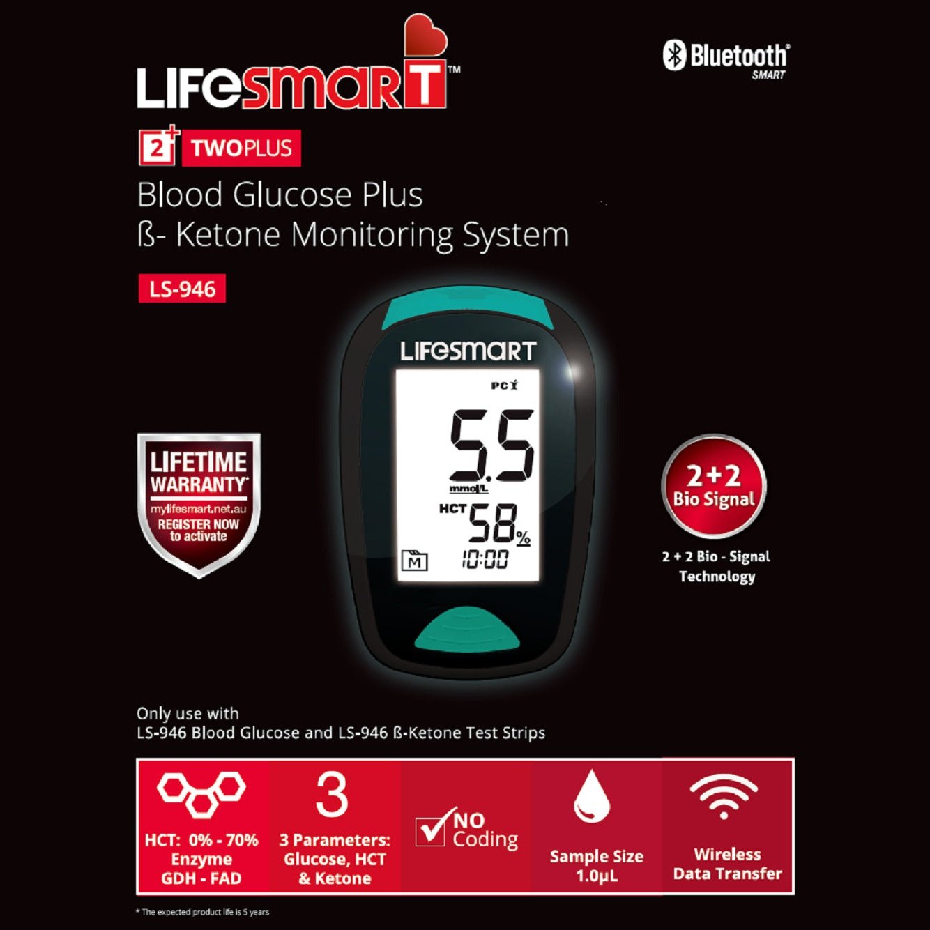 LifeSmart 2TwoPlus Blood Glucose & Ketone Meter LS-946 Bluetooth
