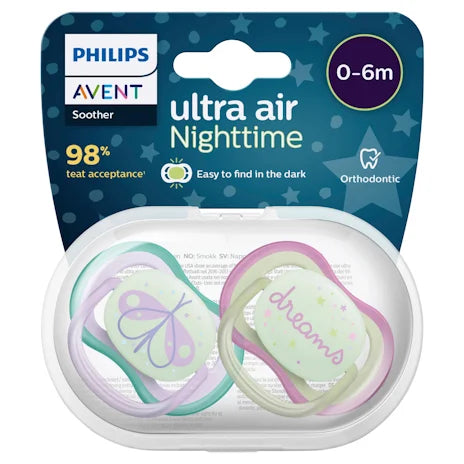 Avent Ultra Air Night Soother 0-6 Months 2 Pack (Colour/design May Vary and May Be Different to Pictured)