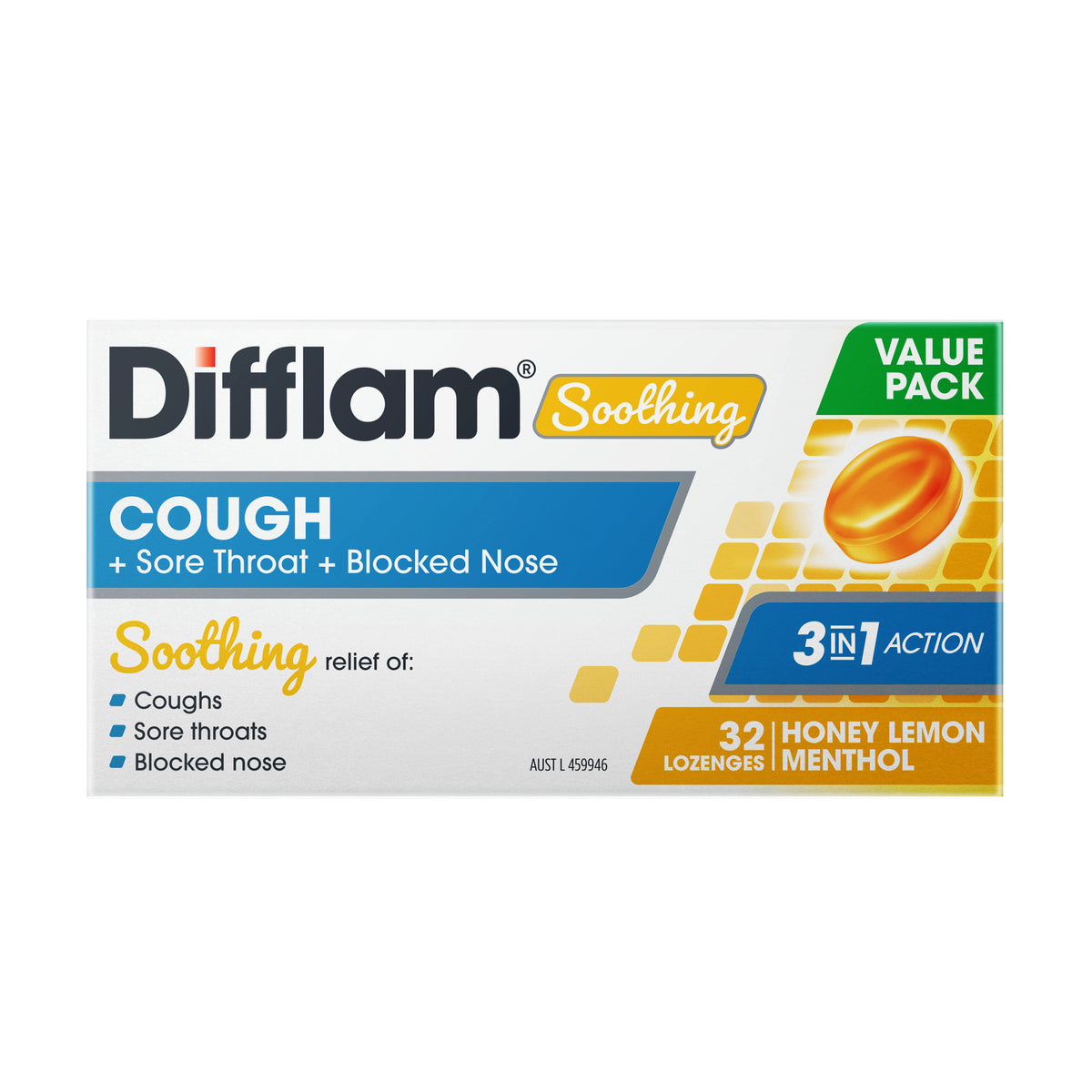 Difflam Soothing Cough + Sore Throat + Blocked Nose Honey Lemon Menthol 32 Lozenges