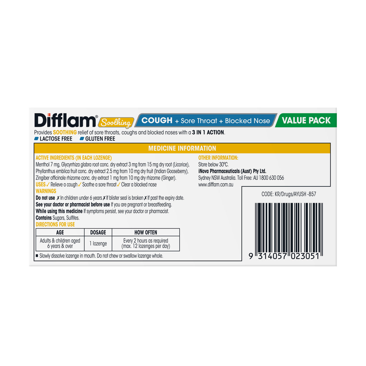 Difflam Soothing Cough + Sore Throat + Blocked Nose Honey Lemon Menthol 32 Lozenges