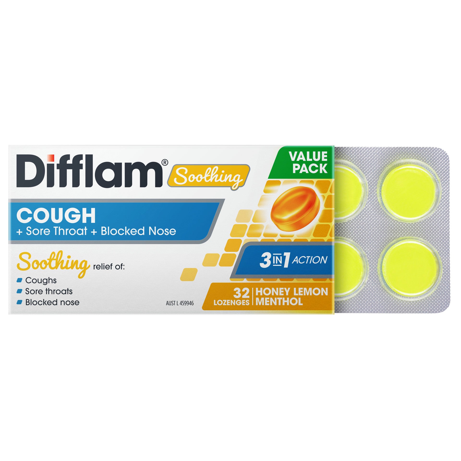 Difflam Soothing Cough + Sore Throat + Blocked Nose Honey Lemon Menthol 32 Lozenges