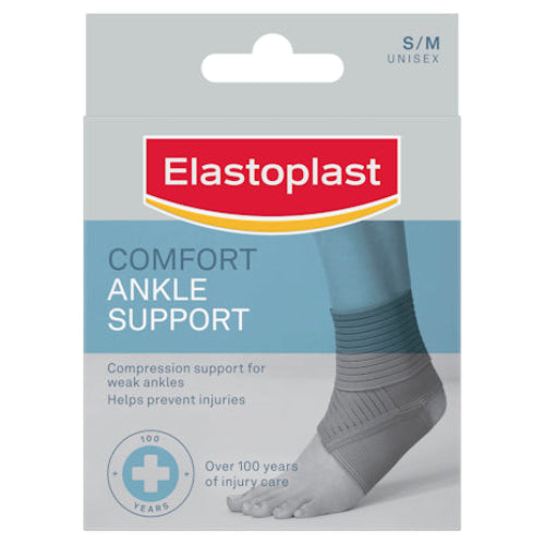 Elastoplast comfort ankle support packaging with a person wearing the support.