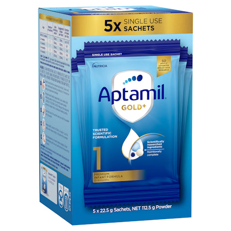 Aptamil Gold+ 1 Baby Infant Formula Powder Sachets From Birth to 6 Months 22.5g 5 Pack