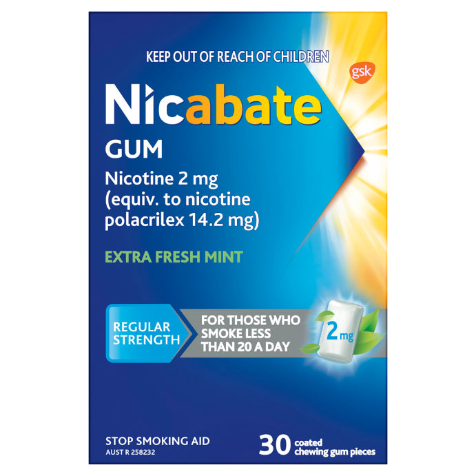 Nicabate Extra Fresh Mint Gum Quit Smoking 2mg 30 Pack