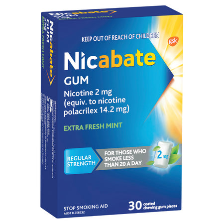 Nicabate Extra Fresh Mint Gum Quit Smoking 2mg 30 Pack
