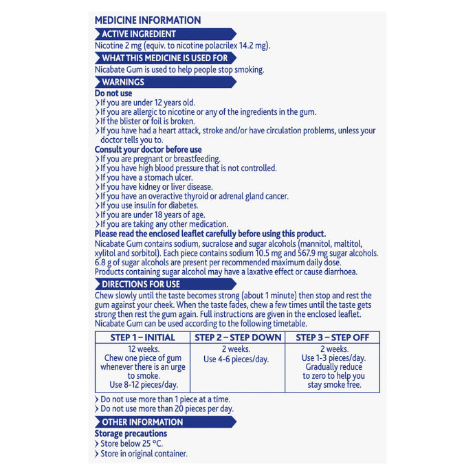 Nicabate Extra Fresh Mint Gum Quit Smoking 2mg 30 Pack