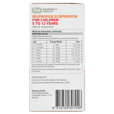 Pharmacy Health Ibuprofen Suspension 5-12 Years 200ml