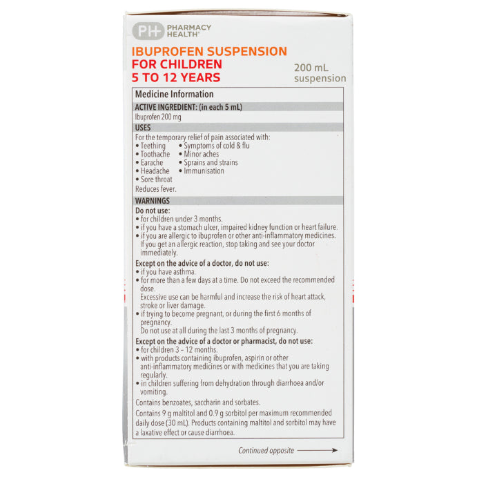 Pharmacy Health Ibuprofen Suspension 5-12 Years 200ml