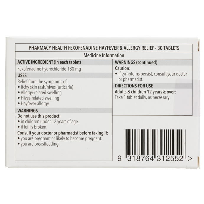 Pharmacy Health Fexofenadine 180mg 30 Tablets