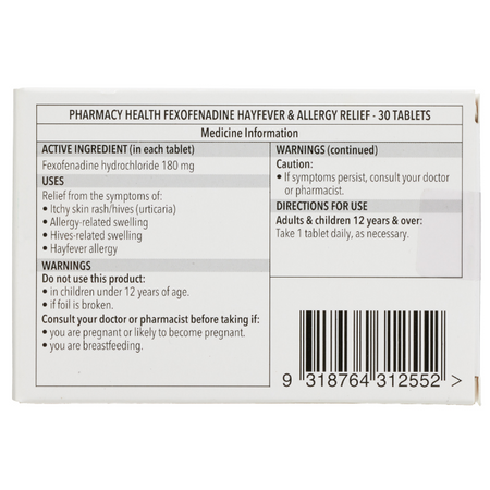 Pharmacy Health Fexofenadine 180mg 30 Tablets