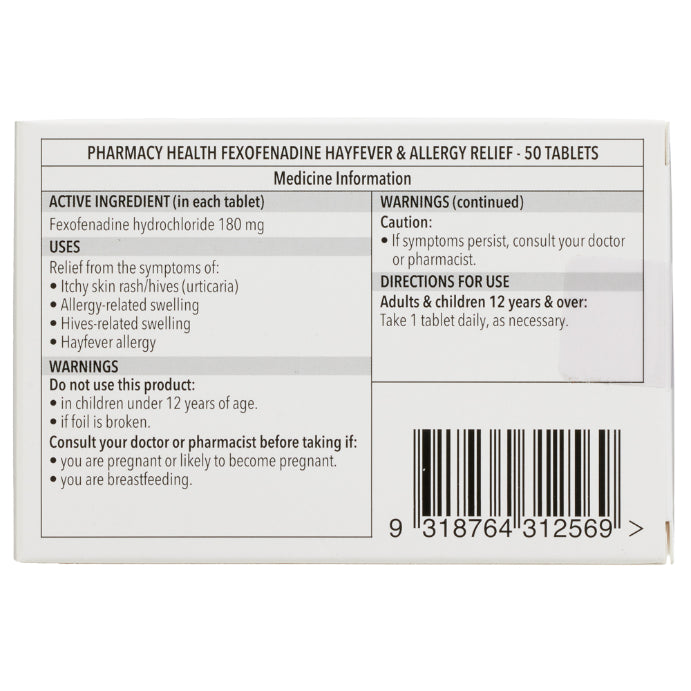 Pharmacy Health Fexofenadine 180mg 50 Tablets