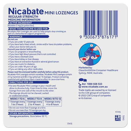 Nicabate Mini Lozenges Nicotine 2mg Regular Strength Mint 20 Lozenges