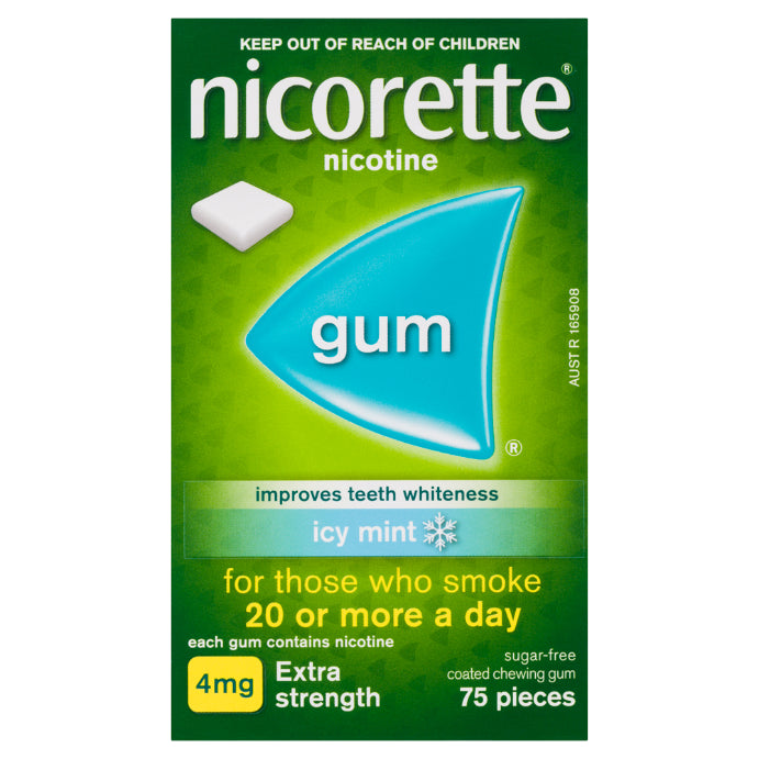 Nicorette Nicotine Gum 4mg Extra Strength Icy Mint 75 Pack
