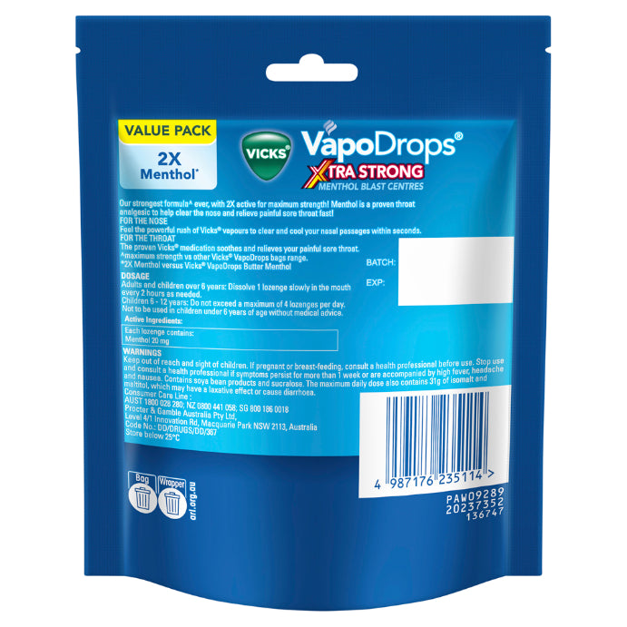 Vicks Vapodrops Xtra Strong Menthol Blast Centres 30 Lozenges