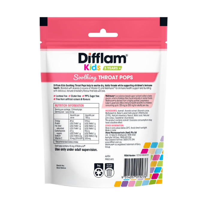 Difflam Kids Throat Pops Strawberry 10 Lollipops