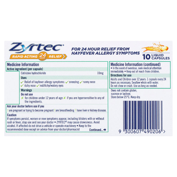 Zyrtec Cetirizine 10mg 10 Liquid Capsules