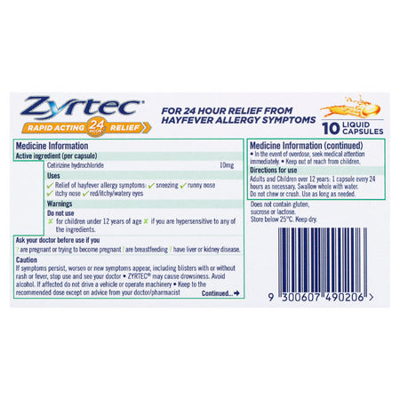 Zyrtec Cetirizine 10mg 10 Liquid Capsules