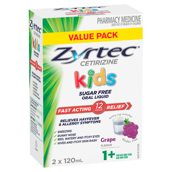Zyrtec Kids Sugar Free Oral Liquid Grape Flavour 2 X 120ml