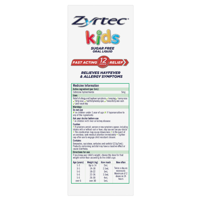 Zyrtec Kids Sugar Free Oral Liquid Grape Flavour 2 X 120ml