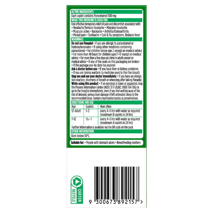 Panadol Optizorb Paracetamol 500mg 48 Caplets