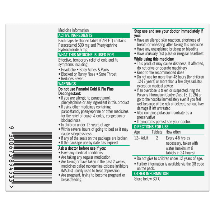 Panadol Cap Cold Flu & Decongestion 500mg 16 Pack
