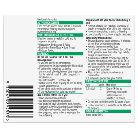 Panadol Cap Cold Flu & Decongestion 500mg 16 Pack